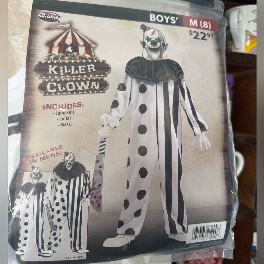 KIDS KILLER CLOWN COSTUME SIZE 8—BRAND NEW IN PACKAGE—HALLOWEEN COSTUME